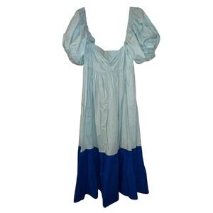 Madeline Marie Puff Sleeve Blue Midi Dress Color Block Size 2XL Modest Tradwife